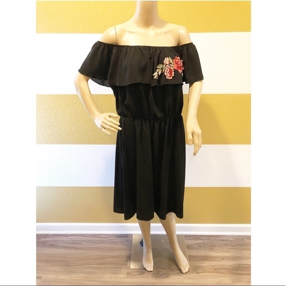 Zanobia black embroidered rose off the shoulder dress - Picture 1 of 9